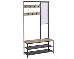 J&R Kapstok - Kledingrek - Garderobekast - Planken - 7 Haken - Spiegel - Hout en metaal - Industrieel - Bruin/Zwart