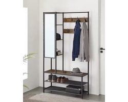 J&R Kapstok - Kledingrek - Garderobekast - Planken - 7 Haken - Spiegel - Schoenen rek - Hout en metaal - Industrieel - Bruin/Zwart