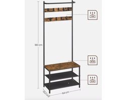 J&R Kapstok - Kledingrek - Schoenenrek - Stang - Haken - Industrieel - Hout en metaal - Bruin/Zwart