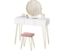 J&R Kaptafel met kruk en spiegel - Make-up tafel - Wit - Fluwele stoel - 3 Lades - Tafel Meubelen - Geometrisch design - 1 Meter