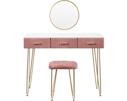 J&R Kaptafel met kruk en spiegel - Set - Make-up tafel - Roze - Fluweel - 3 Lades - Tafel Meubelen - 1 Meter