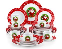 J&R Kerstservies - Kerstman - Kerst - Servies - Keramiek - Bord - Serviesset 30 delig - Rood / wit / kerstman