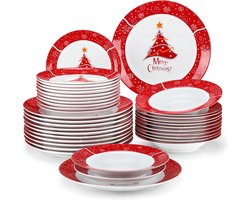 J&R kerstservies - servies - keramiek - kerst - bord - dinnerset - rood/wit - 36 delig