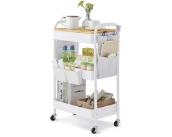 J&R Keukentrolley - Kastje - Bijzettafel - Roltafel - Beauty trolley - Kapper trolley - Metaal - MDF - Plankjes - Zijvakjes - Wit