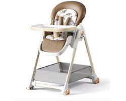 J&R Kinderstoel - Babystoel - Baby stoel - Baby eetstoel - babystoel voor aan tafel - Met wieltjes - Kantelbaar - Opvouwbaar - PU Leer - Bruin