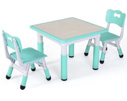 J&R Kindertafel - Kinder tafel met stoelen - Speeltafel - Tekentafel - Set van tafel en stoelen - Kunststof - Hoogte verstelbaar - Groen - 60x60cm