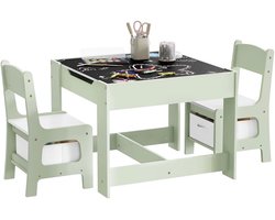 J&R Kindertafel - Speeltafel - Tafel - Set met 2 stoelen - Tafel en twee stoelen - Omkeerbaar tafelblad - Opbergvak in tafel - La in stoel - Krijt tafelblad - Hout - Microvezel doek - Set viltjes - Groen