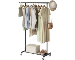J&R Kledingrek - Kapstok - Kleding rek op wielen - Garderobe rek - Ophang rek - Kleding stang - Hoogte verstelbaar - Uitschuifbaar - Verrijdbaar - Zwart