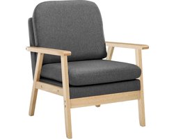 J&R Linnen Lounge Fauteuil - Ontspanning - Leesstoel - Dik Rugkussen - Woonkamer - Babykamer - Slaapkamer - Grijs met hout