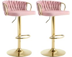 J&R Luxe barkruk - Fluweel Barkruk - Set van 2 - Gevlochten - Hoogte verstelbaar - 360 graden draaibaar - Velvet - Gouden poot - Roze