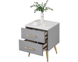 J&R Nachtkastje - Klein dressoir - Commode - Nachtkastje met 2 Lades - Marmer - Fluweel - Velvet - Grijs