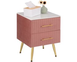 J&R Nachtkastje - Klein dressoir - Commode - Nachtkastje Met 2 Lades - Marmer - Fluweel - Velvet - Roze met wit