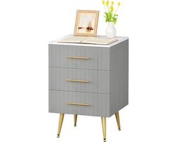 J&R Nachtkastje - Klein dressoir - Commode - Nachtkastje Met 3 Lades - Marmer - Fluweel - Velvet - Grijs/Wit/Goud