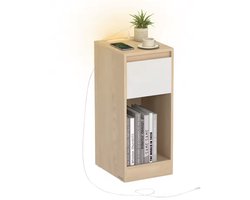 J&R Nachtkastje - Met lampje en USB - Bijzettafel - Opbergkastje - Smal kastje - Houten nachtkastje - Sidetable - Eindtafel - Tafeltje - Kastje - Lampje - Licht - USB-A - USB-C - Hout - Bruin - 25x30x59.5cm