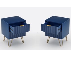 J&R Nachtkastje - Set van 2 - Bijzettafel - Eindtafel - Ladekast - 2 laden - Gouden poot - Hout - MDF - Metaal - Blauw - Goud