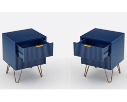 J&R Nachtkastje - Set van 2 - Bijzettafel - Eindtafel - Ladekast - 2 laden - Gouden poot - Hout - MDF - Metaal - Blauw - Goud