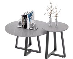 J&R Salontafel - Duo ronde salontafel - Gesinterd steen - Marmerlook - Dubbel - Bijzettafel - Grijs