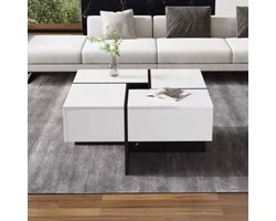 J&R Salontafel - Hoogglans salontafel - Vierkant salontafel - 4 Lades - Uitschuifbaar - Hoogglans wit - 70x70x35cm