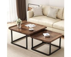 J&R Salontafel - Salontafel vierkant - Dubbele salontafel - Koffietafel - Industrieel - Bruin hout - Zwart metaal