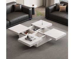 J&R Salontafel - Vierkante salontafel - Uitschuifbaar - Met vakken - Lades - Marmerlook - wit