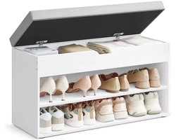 J&R Schoenenbank met Zitkussen – Schoenenrek met Opbergruimte – 3 Niveaus – Wit/Grijs – 80 x 30 x 44 cm