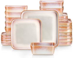 J&R Serviesset wit/oranje - Keramisch - Vierkant - Nevel - 8 borden groot - 8 borden klein - 8 kom - 24 delig - Wit - Oranje