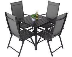J&R Tuinset - Aluminium Tuinset - Tuinmeubelen - Eettafel set - Eettafel met stoelen - 1 tafel - 4 verstelbare stoelen - Aluminium - Kunststof armleuning - Zwart