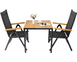 J&R Tuinset - Balkonset - Kleine tuinset - 2 personen - Tafel en 2 stoelen - Verstelbare tuinstoelen - Houtlook kunststof - Aluminium