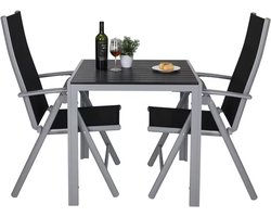 J&R Tuinset - Balkonset - Kleine tuinset - 2 personen - Tafel en 2 stoelen - Verstelbare tuinstoelen - Kunststof armleuning en Tafelblad - Aluminium - Grijs/Zwart