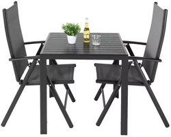 J&R Tuinset - Balkonset - Kleine tuinset - 2 personen - Tafel en 2 stoelen - Verstelbare tuinstoelen - Kunststof armleuning en Tafelblad - Aluminium - Zwart/Zwart