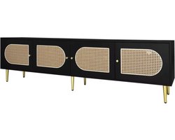 J&R TV Meubel Laag - Dressoir - Televisie Kast - 4 Deuren - Hoogte verstelbare planken - Kabelbeheer - Rotan - Zwart