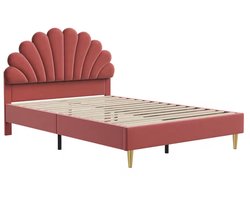 J&R Tweepersoonsbed - Gestoffeerd bed - Bloemvorming hoofdbord - Slaapkamer - Tienerkamer - Kinderkamer - 200x140 cm - Wijnrood