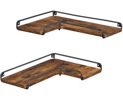 J&R Wandplank - Hoekplank - Set van 2 stuks - L-vormige plank - Hout met Metaal - Bruin & zwart