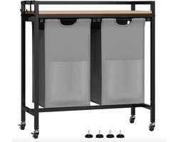 J&R Wasmand kastje - Wasmand met 2 vakken - Wassorteerder - Wasmand tafel - Badkamerkast - Wasmand meubel - Wasmand rek - Light oak - Zwart metaal