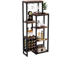 J&R Wijnkast - Wijnrek - Drankkast - Kast - Wijnglashouders - Flessenhouders - Industrieel - Hout en metaal - Set meubelviltjes - Microvezel doek - Bruin/Zwart - 175x80x30cm