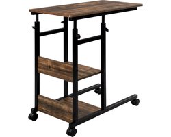 J&R Zijtafel - Bijzettafel - Sidetable - Tafel over bed - Tafel over bank - Eindtafel - Hoogte verstelbaar - Met wielen - Donker hout - Zwart metaal