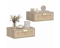 J&R Zwevende nachtkastjes set van 2 – Wandmontage – Rotan lade – Eiken look – 40x30x15 cm – Boho stijl - Khaki