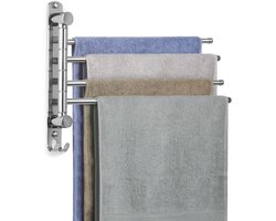 JSVER Handdoekrek RVS 40CM, 180° draaibaar Handdoekrek met 4 armen Handdoekrek met draaibare arm en haken Ruimtebesparend voor badkamer, keuken en garderobekast - Zilver