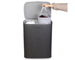 Jubbly® - Wasmand - Wassorteerder - Wasmand met Deksel - Wasmand 2 vakken - Wasmand opvouwbaar - Wasbox - 90 Liter - Grijs - The Splitsmart