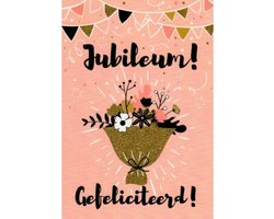 Jubileum! Van harte gefeliciteerd! Een fleurige kaart met een bos bloemen en natuurlijk de slingers bovenin! Een leuke kaart om zo te geven of om bij een cadeau te voegen. Een dubbele wenskaart inclusief envelop en in folie verpakt.