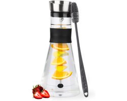 Jug with Lid and Fruit Infuser - 1.4 L Glass Water Carafe with Stainless Steel Lid and Cleaning Brush - Juice Jug with Fruit Skewer