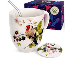 jumbomok, 900 ml, grote theemok van botten porselein, XXL mok cadeauset 6-delig met onderzetter, papieren theefilter, glazen rietje, grote drinkbeker voor thee en koffie