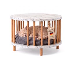 Jungengel Kattenmand Wit Marmerlook - 2-in-1 Bijzettafel en Kattenbed - Kattenmand met Kussen - Krasbestendig tot 100 kg - Kattenhuisje Binnen - 53x53x43 cm