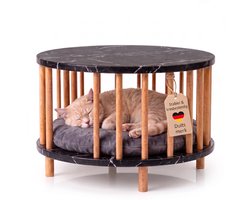 Jungengel Kattenmand Zwart Marmerlook - 2-in-1 Bijzettafel en Kattenbed - Kattenmand met Kussen - Krasbestendig tot 100 kg - Kattenhuisje Binnen - 53x53x43 cm