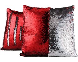 Jungengel Sierkussenhoezen Set van 4 - Omkeerbare Pailletten - 40x40 cm - Rood & Zilver - Glitter Kussens