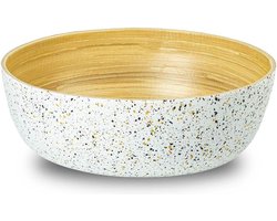 Jungle Culture - bamboo fruit bowl - 28cm Bamboo bowl (wit) - Grote bamboe slakom • Handgemaakte houten kommen • Grote fruitschaal met wit terrazzopatroon • Houten broodmand • Eco-vriendelijke decoratieve serveerschaal voor pasta, snacks en chips