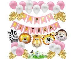 Jungle Decoratie Verjaardag Versiering pakket - Babydouche Safari Roze Goud - met dieren ballonnen en happy birthday slinger Meisje
