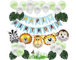 Jungle Decoratie Verjaardag Versiering pakket - Gratis verzending - Babydouche Safari Blauw Groen - met dieren ballonnen en happy birthday slinger Jongen