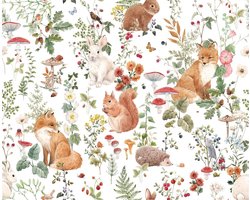 Jungle dieren zelfklevende wanddecoratie voor kinderen - kleurrijke vintage patronen met paddenstoelen, witte vos en konijn - 44.5CMx3M folie voor meubels, deuren en kasten