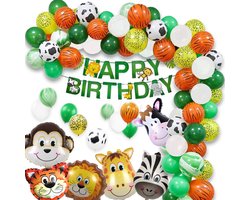 Jungle Versiering Verjaardag - Jungle Decoratie met Ballonnenboog - Safari Versiering met Jungle Ballonnen - Jungle Slinger en Dieren Safari Folieballonnen - Happy Birthday Slinger